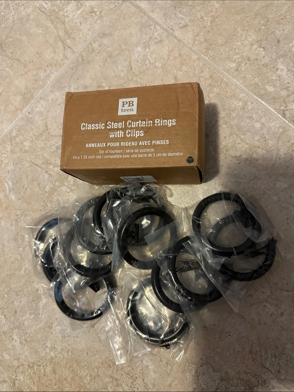 NIB PBteen Classic Steel Curtain Rings with Clips - Black